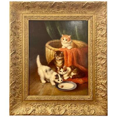 19th/20th Century Oil Painting of Kittens in a Basket at Feeding Time