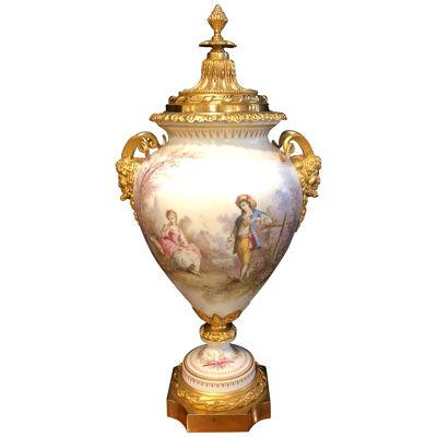 French Sevres Painted Rams Head Bronze Mounted Lidded Vase, Centerpiece or Urn