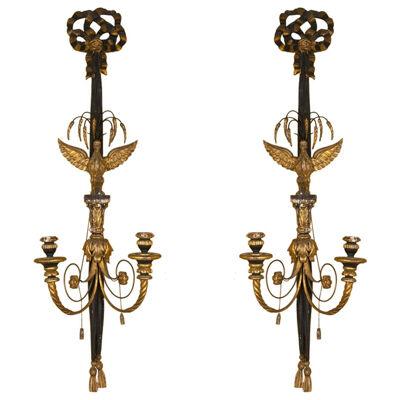 Pair of Two Light Louis XVI Style Eagle Carved Gilt Wall Sconces