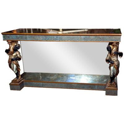 Maison Jansen Hollywood Regency Eglomise Glass Console / Sofa Table, Hand Carved