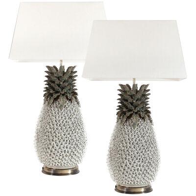 A Large Pair Of Painted Pottery Pineapple Lamps