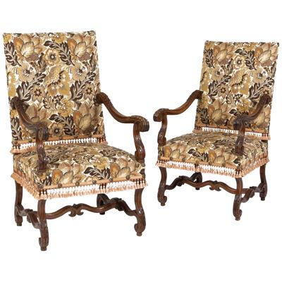 A Pair Of 19th Century Walnut & Upholstered Armchairs