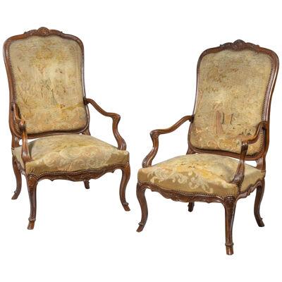 A Large Pair Of 19th Century Walnut & Needlework Upholstered Armchairs