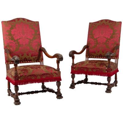 A Large Pair Of 19th Century Walnut & Upholstered Armchairs