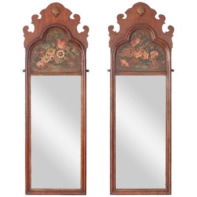 A Pair Of George II Style Mahogany & Decorated Mirrors