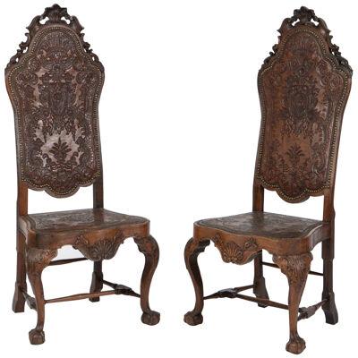 A Large Pair Of 19th Century Portuguese Leather & Rosewood Chairs
