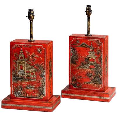 A Pair Of Quality Chinoiserie Hand Painted Lamps