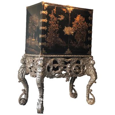 JAPANESE BLACK LACQUERED CABINET ON SILVERGILT DUTCH BAROQUE STAND
