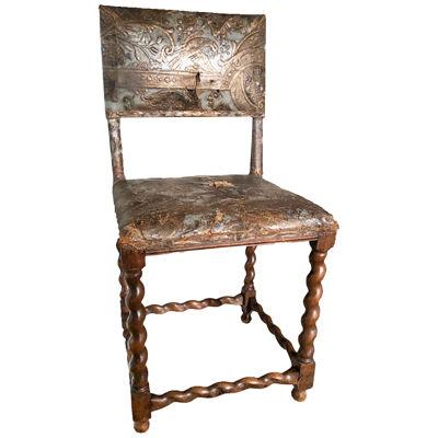 DUTCH BAROQUE OAK AND GILT TOOLED LEATHER SIDECHAIR