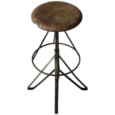 ADJUSTABLE PINE AND PAINTED IRON STOOL