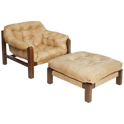 PERCIVAL LAFER OAK AND NAUGAHYDE SLING SETTEE, LOUNGE CHAIR AND OTTOMAN