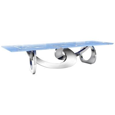 Dining Table Sculptural Mirror Steel Structure Blue Onyx Top White Marble Inlay