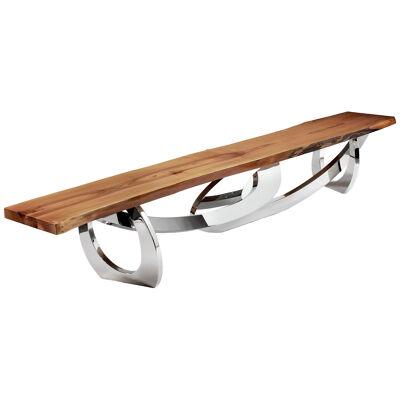 Bench Solid Slab Wood Nutwood Mirror Stainless Steel Rings Made in Italy