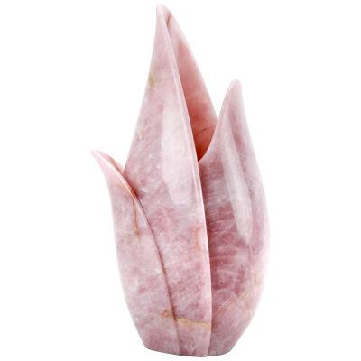 Vase Vessel Tulip Flower Sculpture Block Rose Quartz Marble Hand Carved Italy