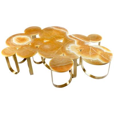 Coffee Table Rounded Shape Orange Onyx Top Brushed Brass Structure Italy