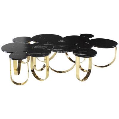 Coffee Table or Cocktail Table Black Marquina Marble Mirror Brass Gold Rings