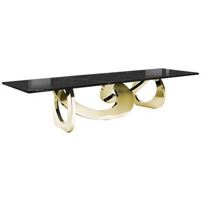 Dining Table Sculptural Mirror Steel Gold Structure Black Marquina Marble Top