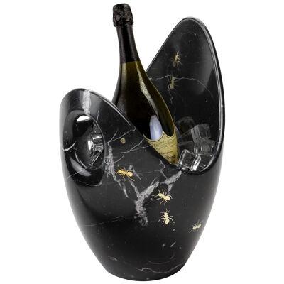 Champagne Bucket Wine Cooler Vase Hand Curved Black Marquinia Marble Brass Inlay