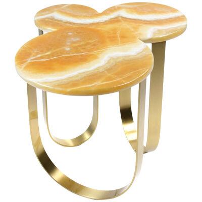 Side Table Orange Onyx Rounded Shape Top Brushed Brass Structure Italy   