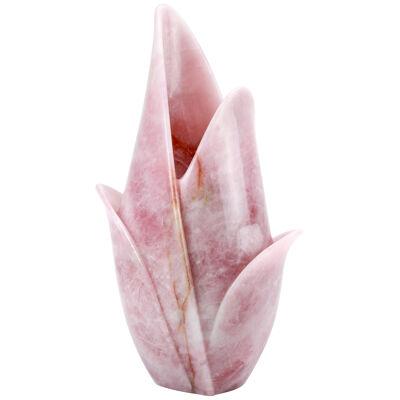 Vase Vessel Sculpture Tulip Flower Hand Carved Block Rose Quartz Made in Italy