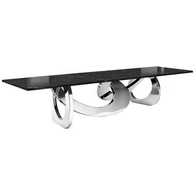 Dining Table Sculptural Mirror Steel Rings Structure Black Marquina Marble Top 