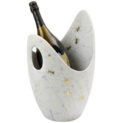 Champagne Bucket Wine Cooler Sculpture Block White Carrara Marble Brass Inlay