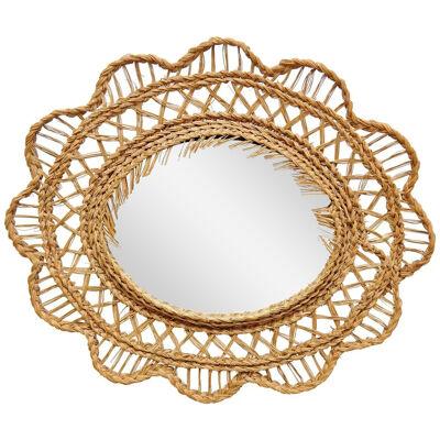 French Mid-Century Modern Handcrafted Rattan Wall Mirror, circa 1960