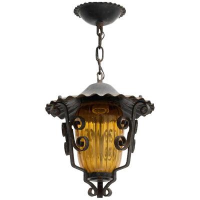 Vintage French Metal and Yellow Glass Exterior Hanging Lamp, circa 1960