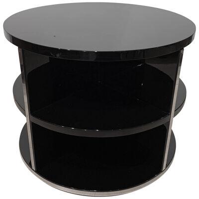 Round Restored Art Deco Sofa Table, Black Lacquer and Metal, France, circa 1930