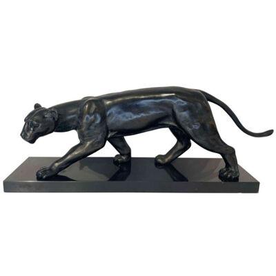 Art Deco Panther Sculpture, Signed Jean Martel, Bronze, Marble, France ca. 1930