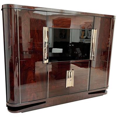 Large Art Deco Cabinet, Rosewood Veneer and Black Lacquer, France, 1930s
