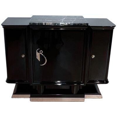 Small Art Deco Sideboard, Black Lacquer, Maple, Marble, France circa 1930