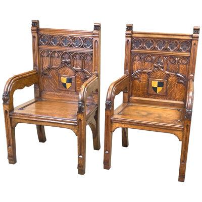 Large Pair Of Gothic Oak Chairs