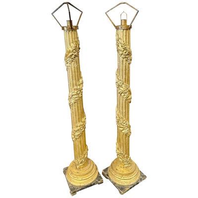 Antique Pair of Italian Carved and Giltwood Columns as Floor Lamps