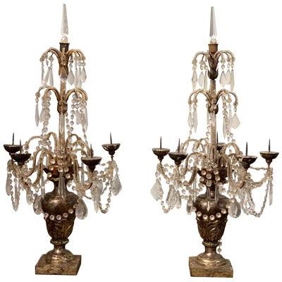 Pair of 19th Century Italian Carved and Silver Gilt Beaded Candelabras