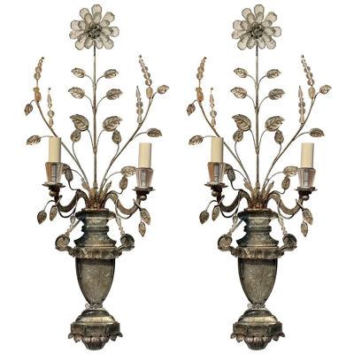 Vintage Pair of French Bagues Crystal and Silver Leaf Sconces