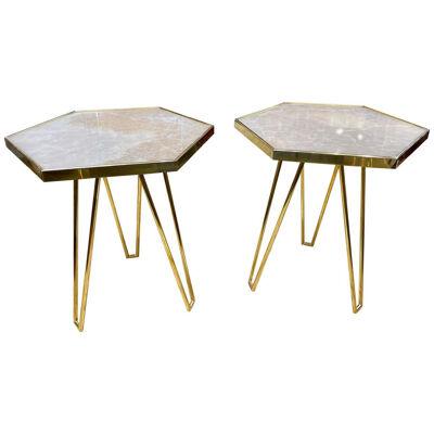 Pair of Italian Brass and Onyx Hex Form Side Tables