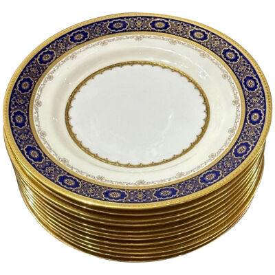 Set of 12 English Mintons Cobalt and Gold Encrusted Dinner Plates