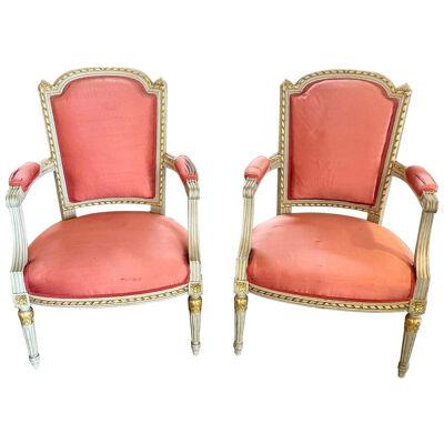 Pair of 19th Century French Louis XVI Carved and Painted Armchairs