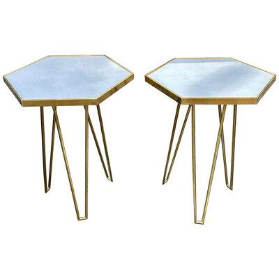 Pair of Italian Brass and Marble Hex Form Tables