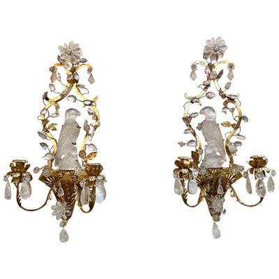 Pair of French Bagues Style Rock Crystal Parrot Form Wall Sconces