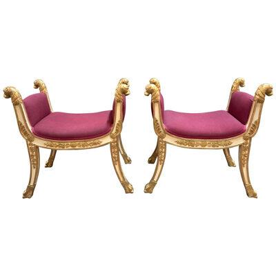Pair of Italian Regency Style Carved and Parcel-Gilt Benches