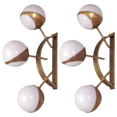 Pair of Modern Murano Brass and Glass Ball Form Sconces