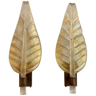 Pair of Large Scale Modern Murano Glass Leaf Form Sconces