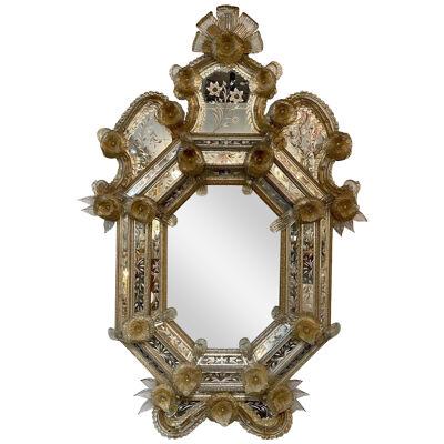 19th Century Venetian Mirror with Etched Glass and Flowers