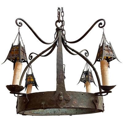 Antique French Wrought Iron Chandelier with 4 Lights