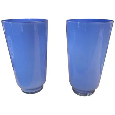 Vintage Pair of Blue Murano Glass Vases