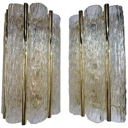 Pair of Modern Murano Wave Glass and Polished Brass Sconces