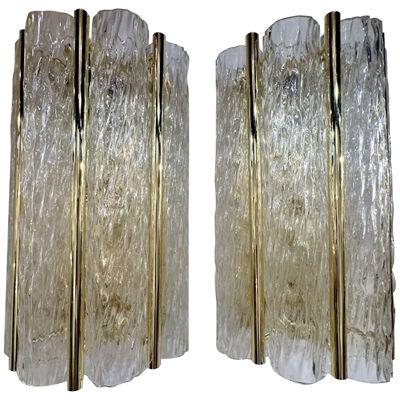 Pair of Modern Murano Wave Glass and Polished Brass Sconces