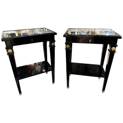 Pair of French Jansen Style Black Lacquered Side Tables